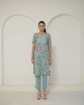 Prabha - Teal Floral Print Lace-Up Kurta with Pants Set