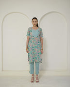 Prabha - Teal Floral Print Lace-Up Kurta with Pants Set