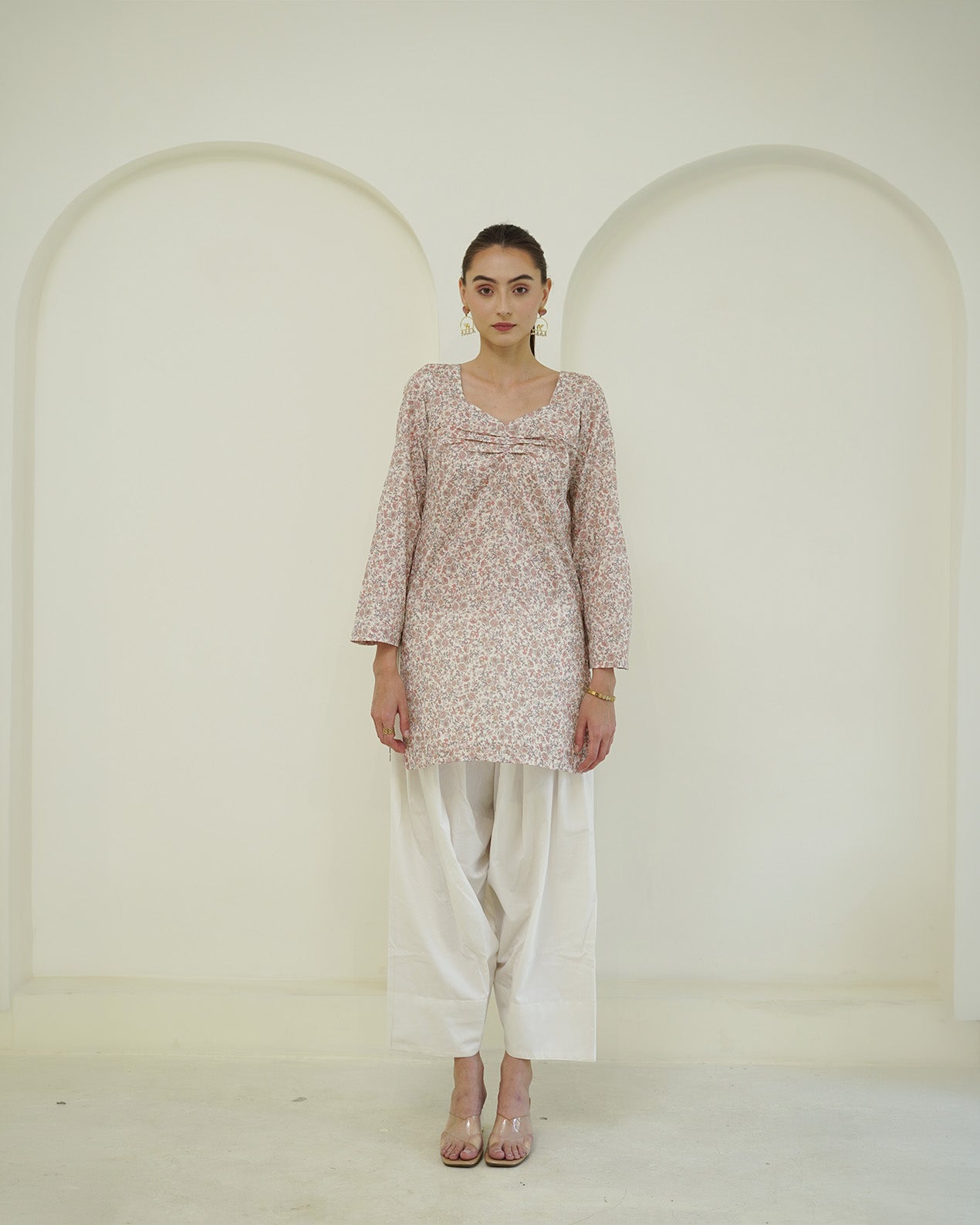 Ramya - Ivory & Blush Pink Floral Print Short Kurta with Farsi Pants Set