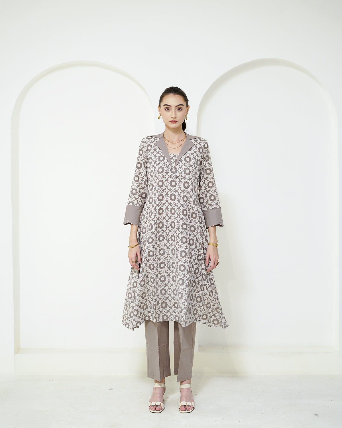 Manini - Beige Abstract Block Print Collared Kurta with Pants Set