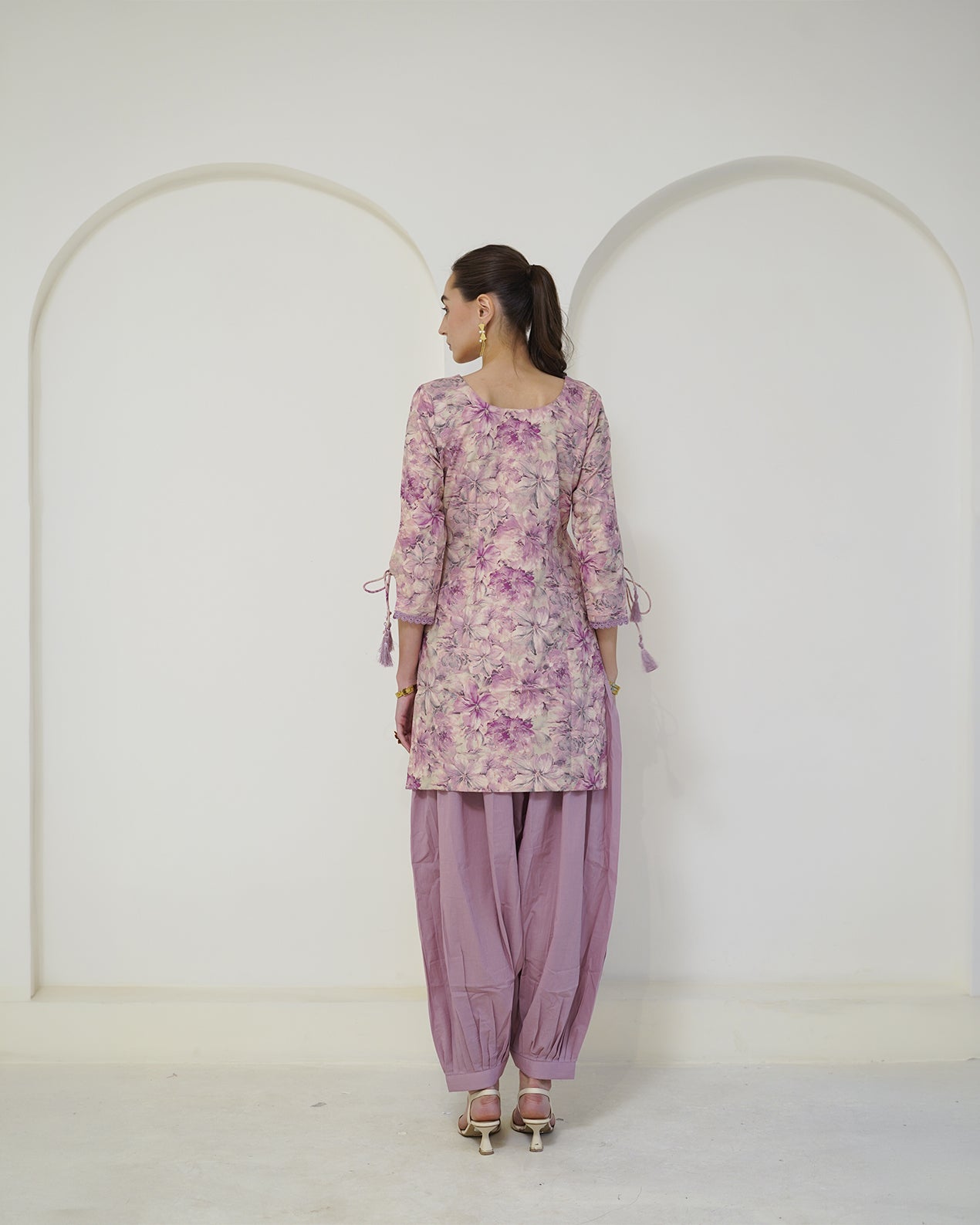 Padma - Mauve Floral Print Short Kurta with Afgani Salwar Set