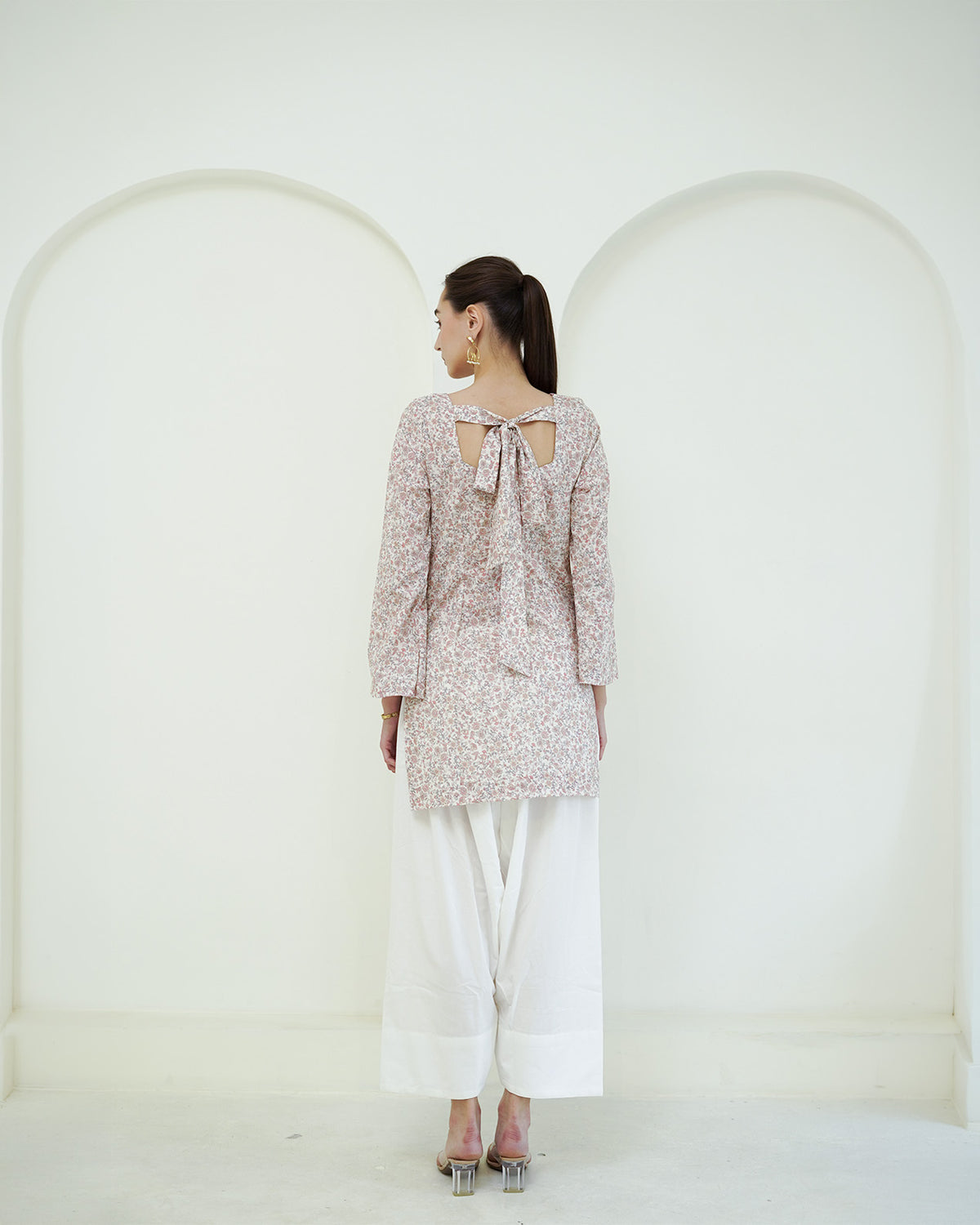 Ramya - Ivory & Blush Pink Floral Print Short Kurta with Farsi Pants Set