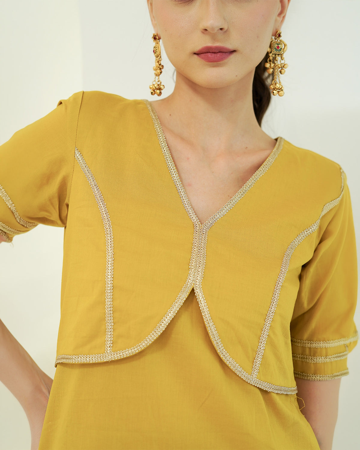 Suvarna - Golden Mustard Jacket-Style Kurta with Flared Palazzo Set