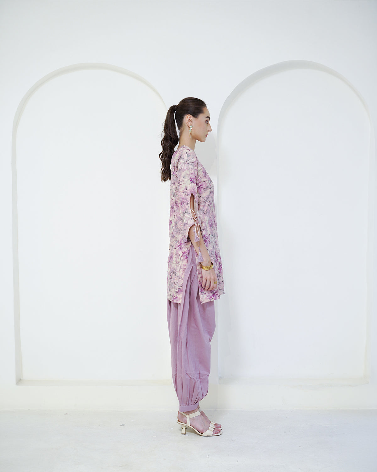 Padma - Mauve Floral Print Short Kurta with Afgani Salwar Set