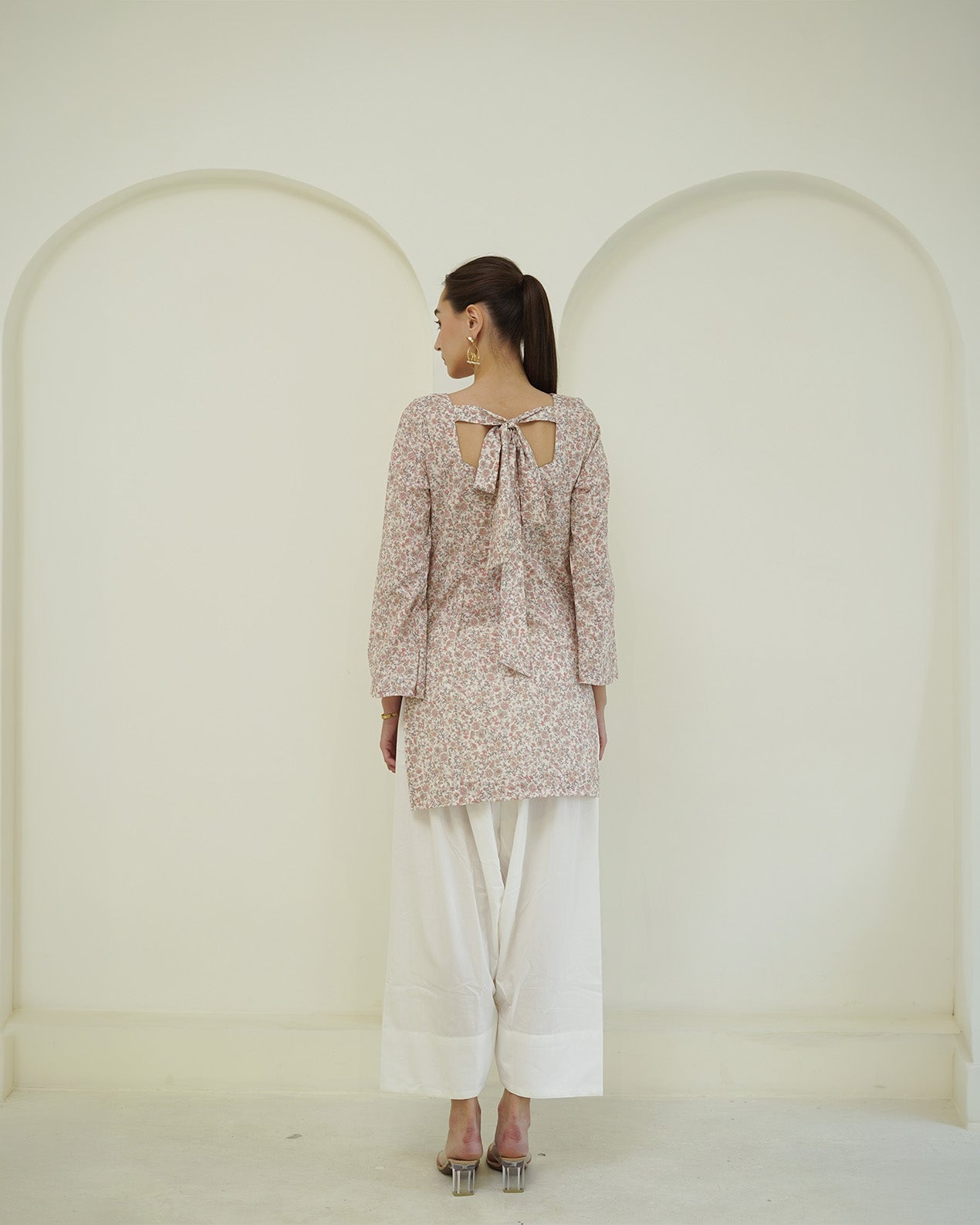 Ramya - Cotton lawn Ivory & Blush Pink Floral Print Short Kurti