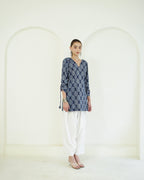 Shyama - Indigo Block Print Kurta with Scalloped Neck & Deep Back