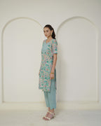 Prabha - Teal Floral Print Lace-Up Kurta with Pants Set