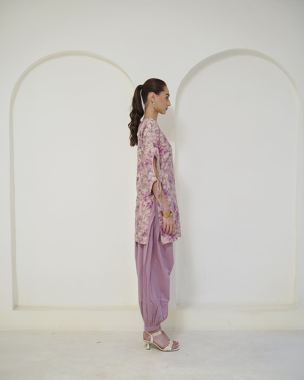 Padma - Mauve Floral Print Short Kurta with Afgani Salwar Set