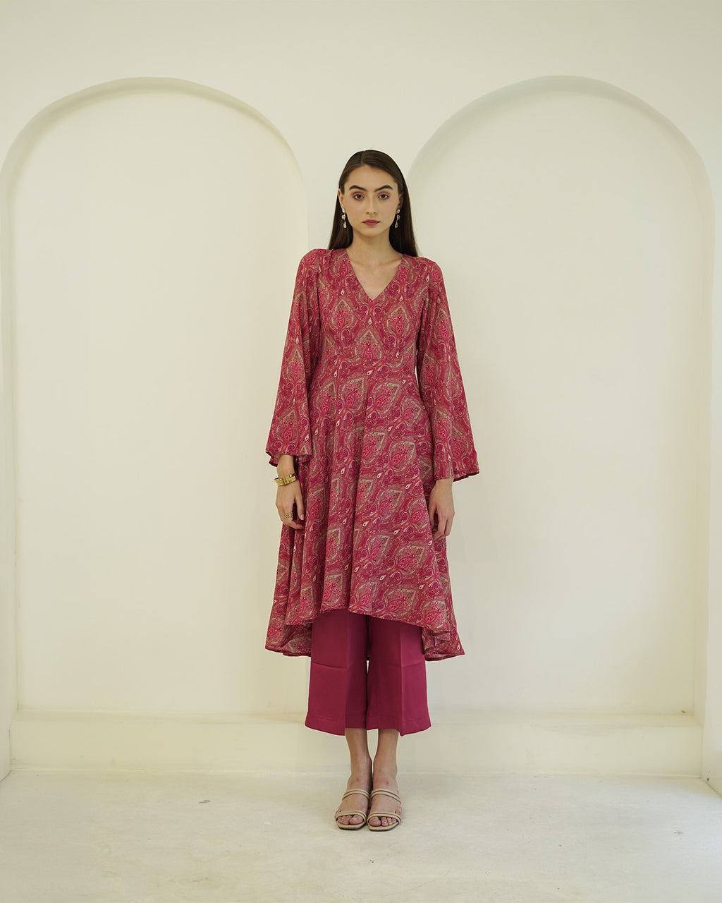 Rasika - Crimson Paisley Print Asymmetric Kurta with Palazzo Set
