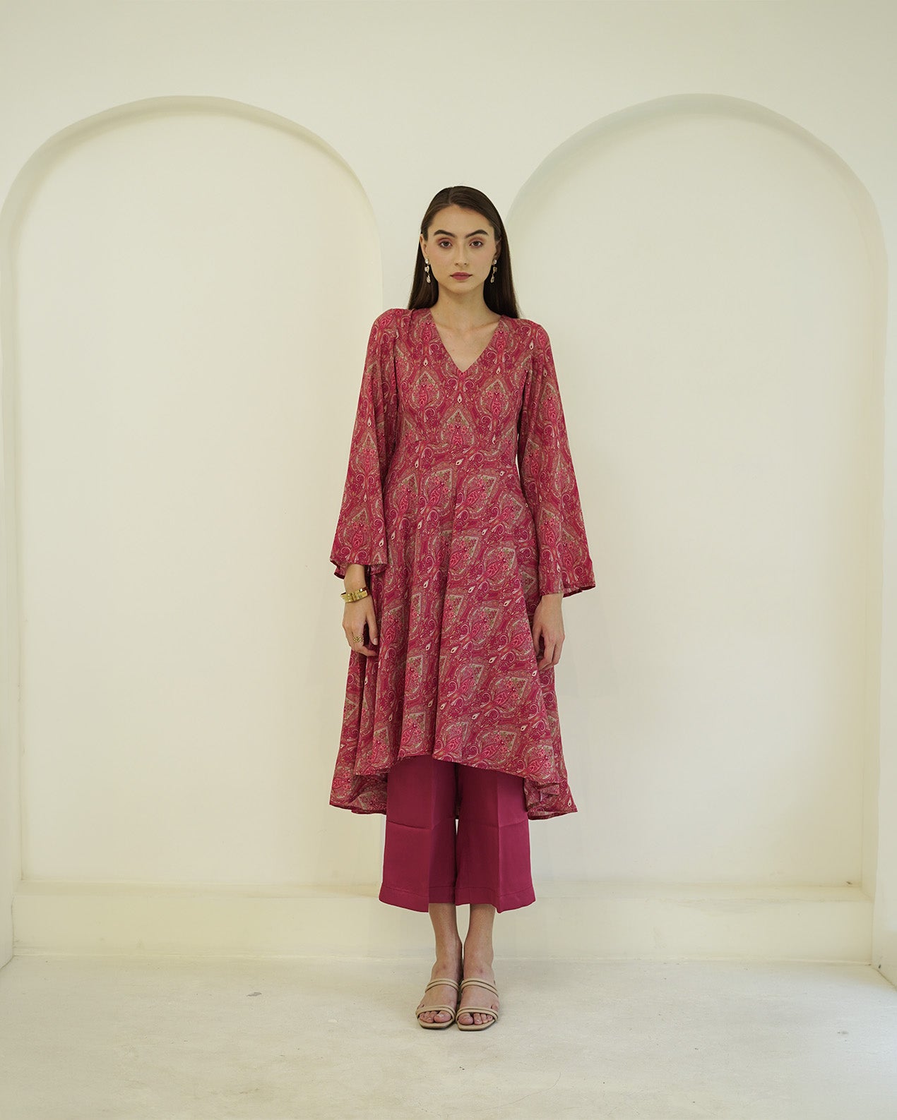 Rasika - Crimson Paisley Print Asymmetric Kurta with Palazzo Set