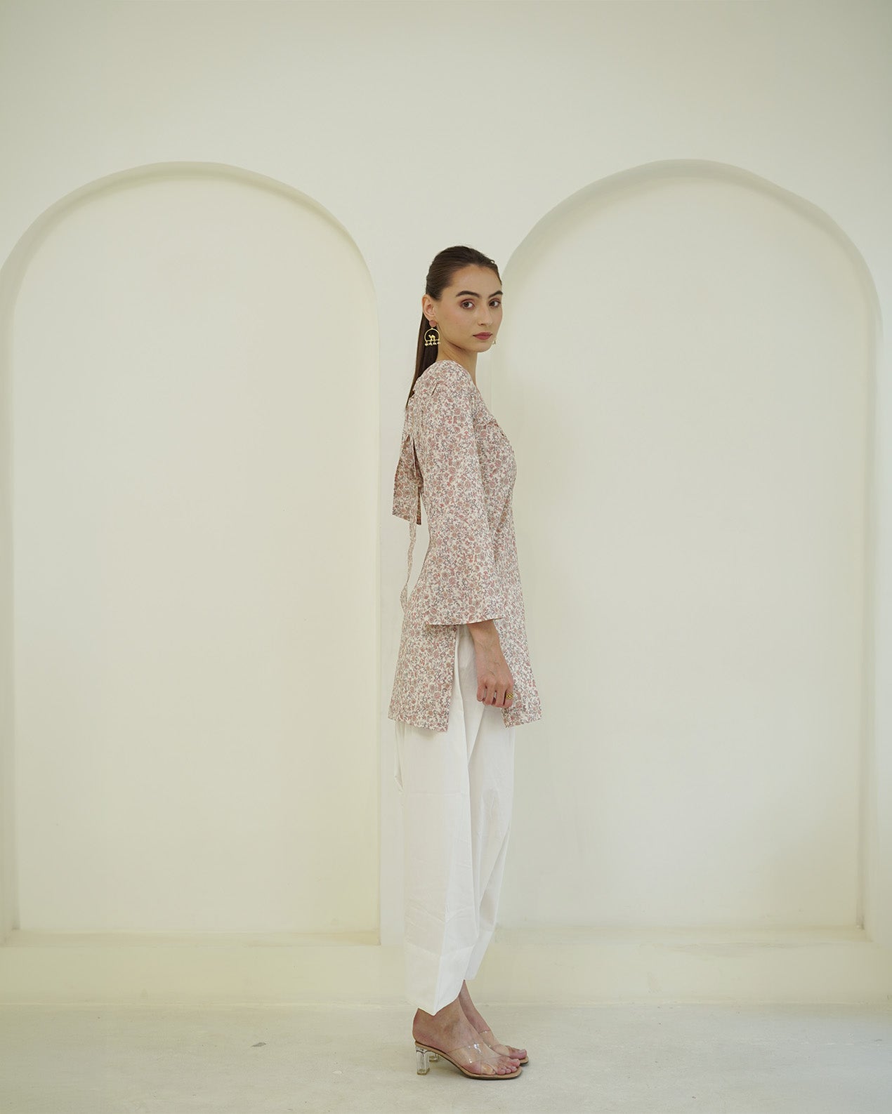 Ramya - Cotton lawn Ivory & Blush Pink Floral Print Short Kurti
