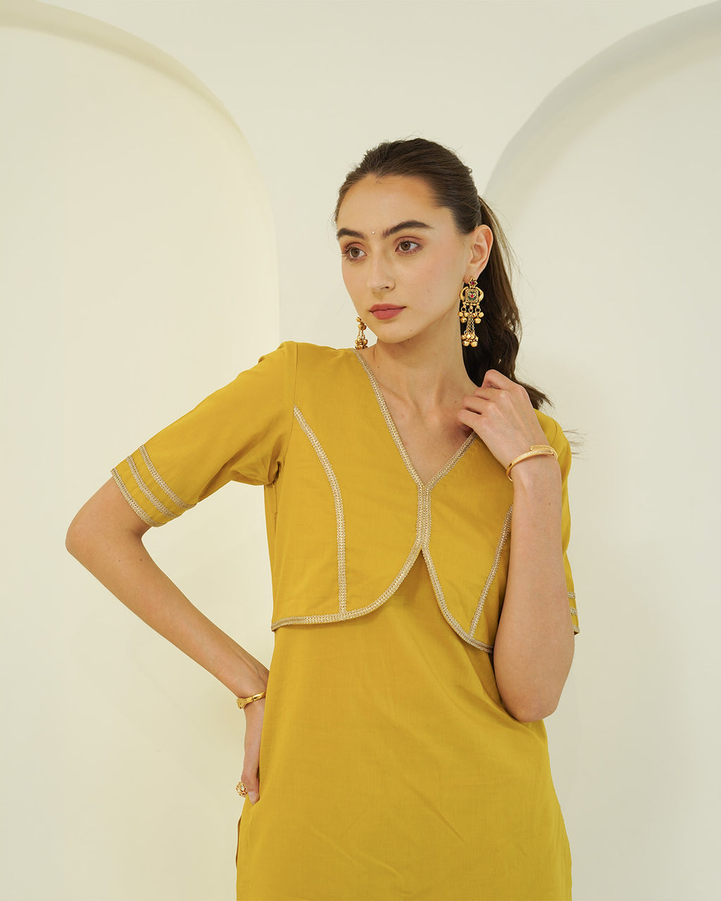 Suvarna - Golden Mustard Jacket-Style Kurta with Flared Palazzo Set