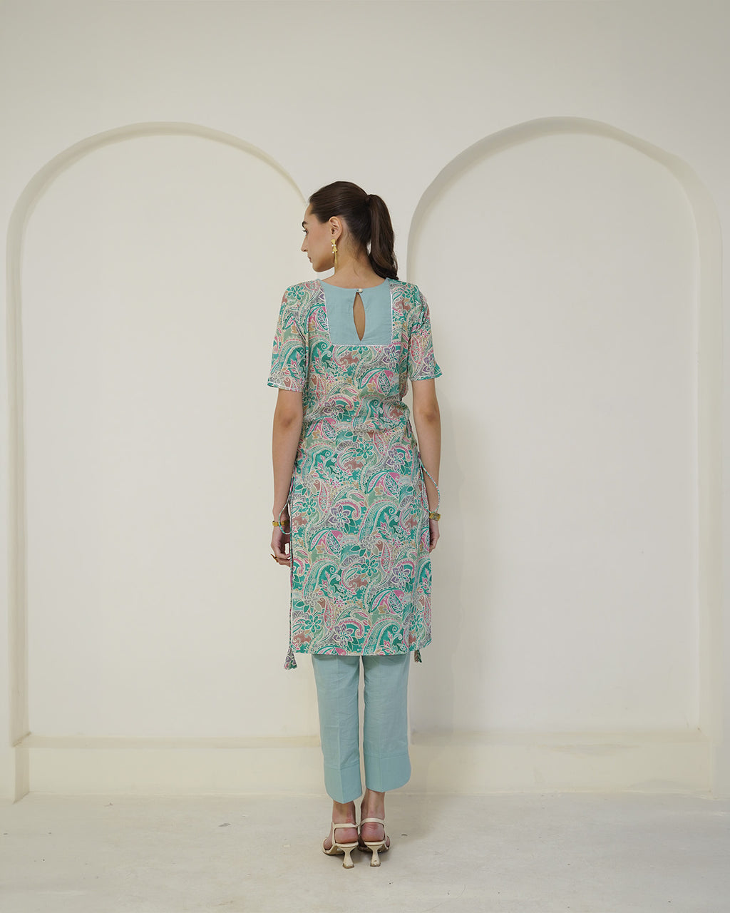 Prabha - Teal Floral Print Lace-Up Kurta with Pants Set