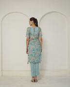 Prabha - Teal Floral Print Lace-Up Kurta with Pants Set