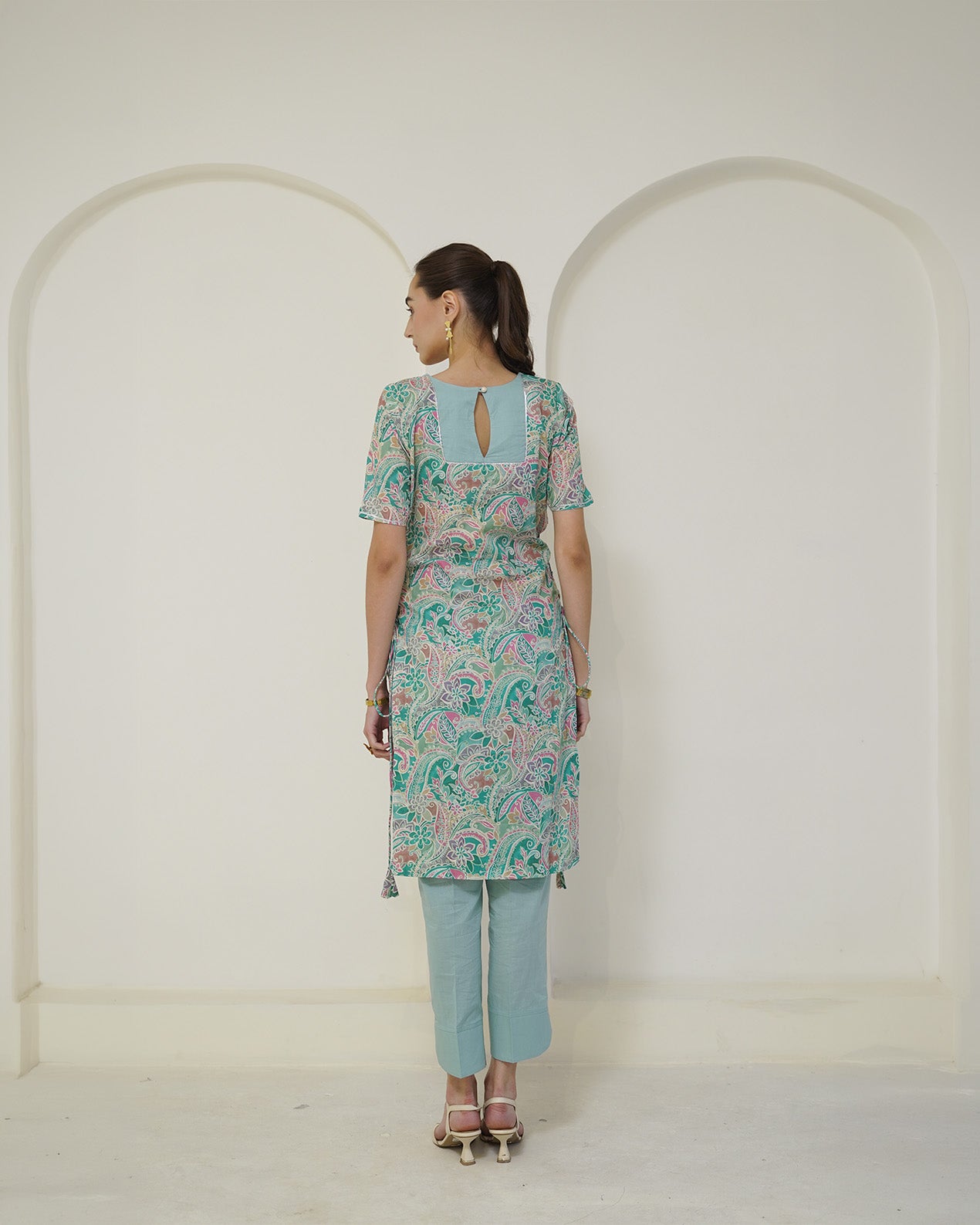 Prabha - Teal Floral Print Lace-Up Kurta with Pants Set
