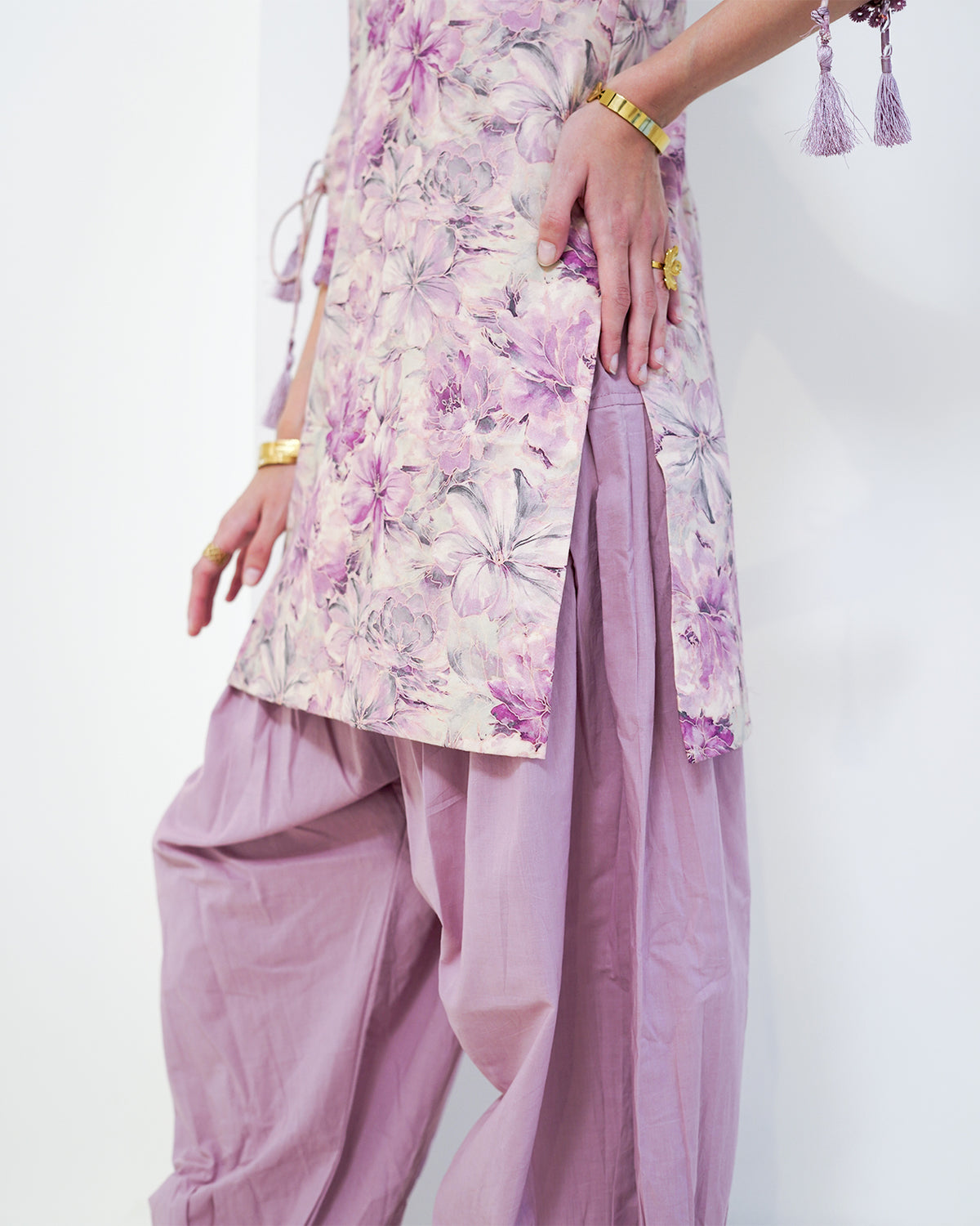 Padma - Mauve Floral Print Short Kurta with Afgani Salwar Set