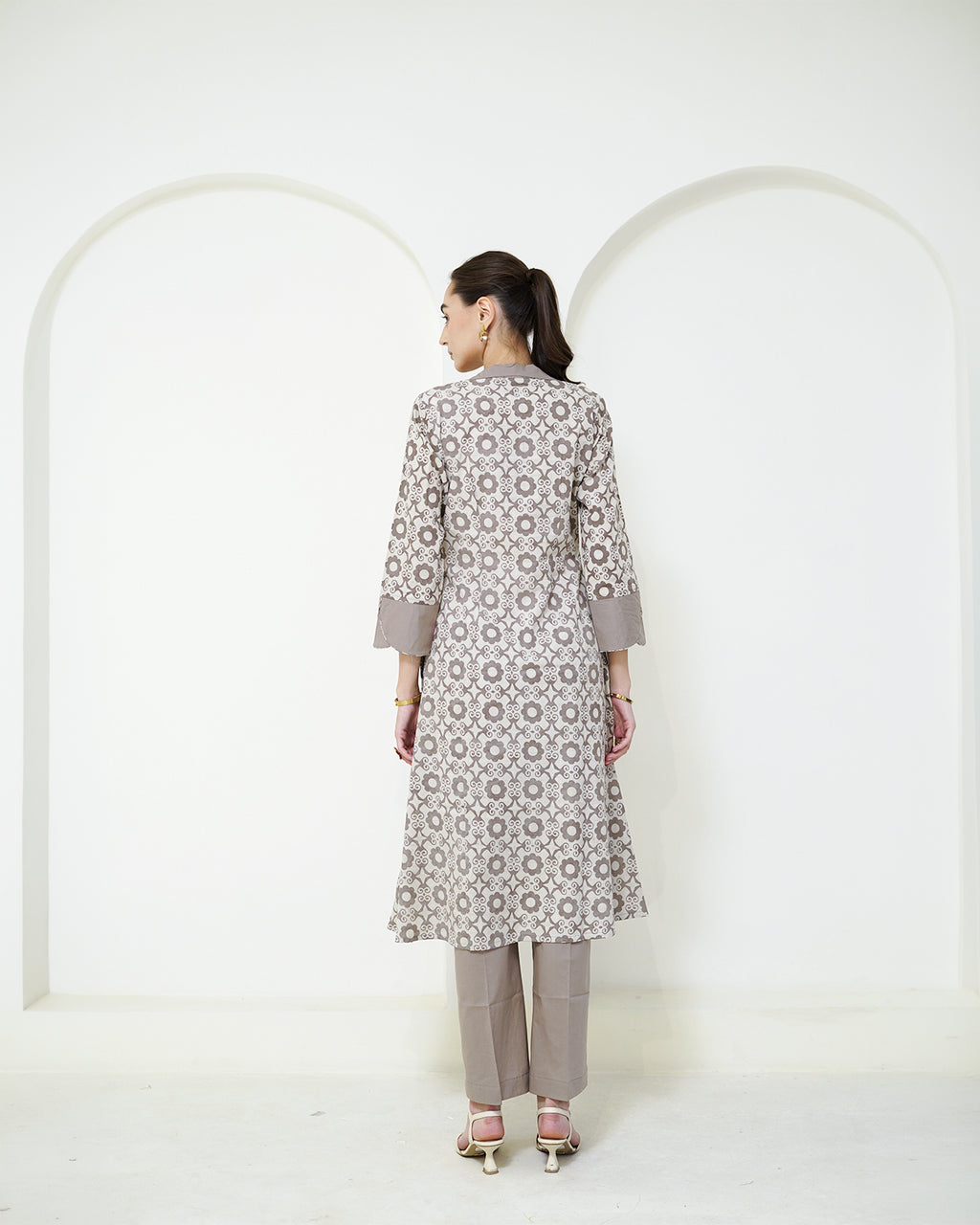 Manini - Beige Abstract Block Print Collared Kurta with Pants Set