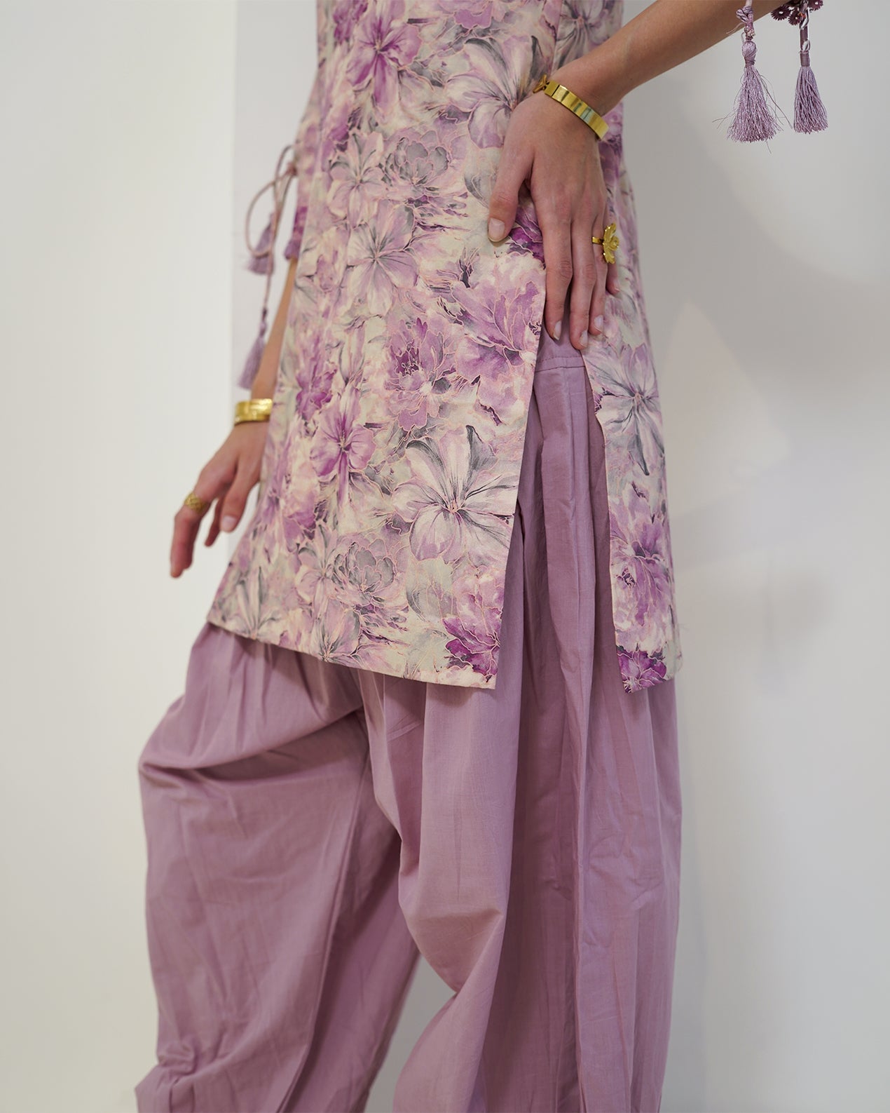 Padma - Mauve Floral Print Short Kurta with Afgani Salwar Set