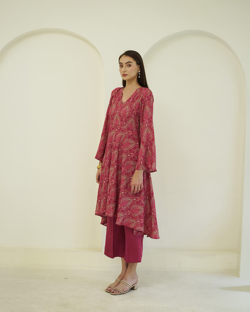 Rasika - Crimson Paisley Print Asymmetric Kurta with Palazzo Set