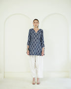 Shyama - Indigo Block Print Kurta with Scalloped Neck & Deep Back