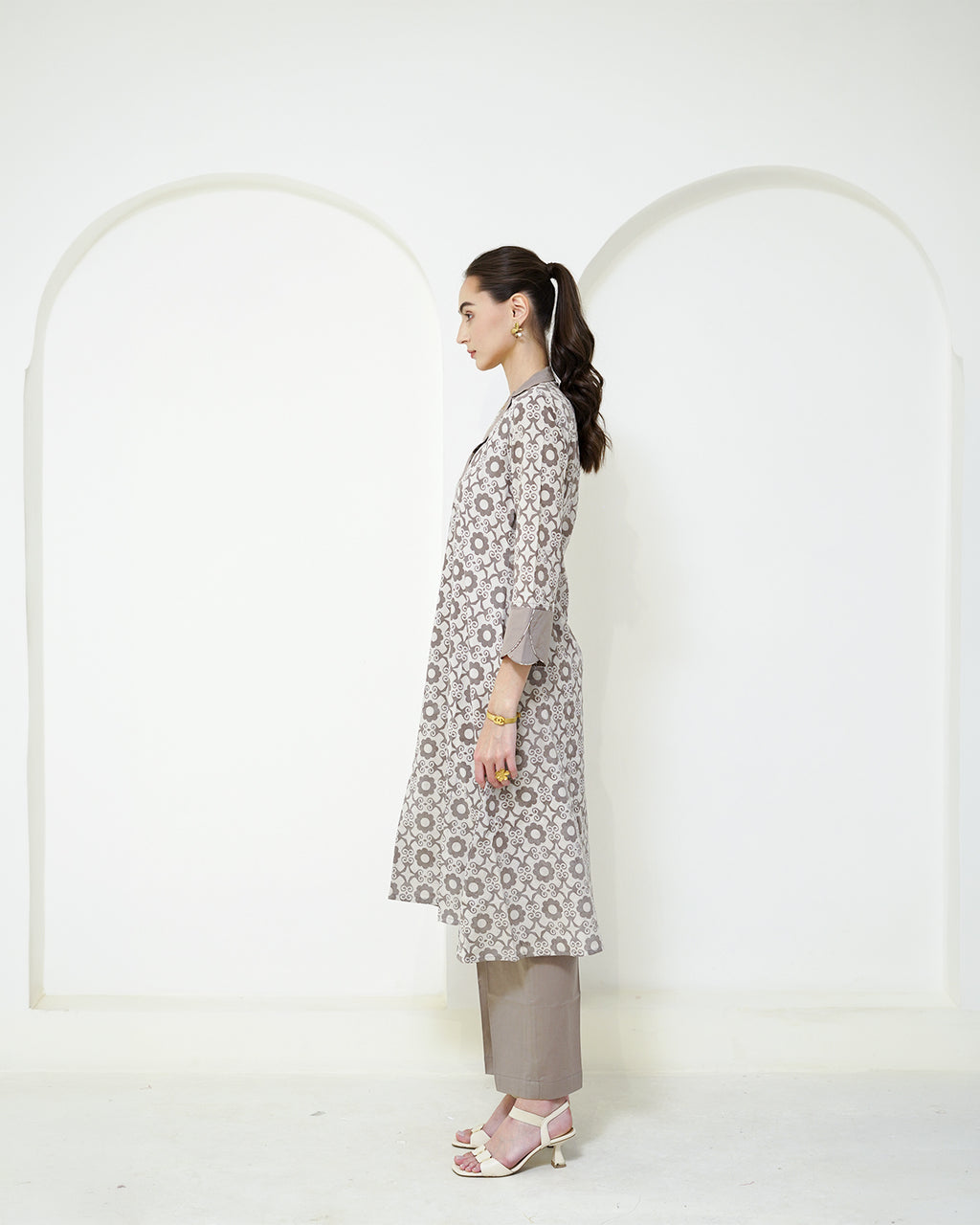 Manini - Beige Abstract Block Print Collared Kurta with Pants Set