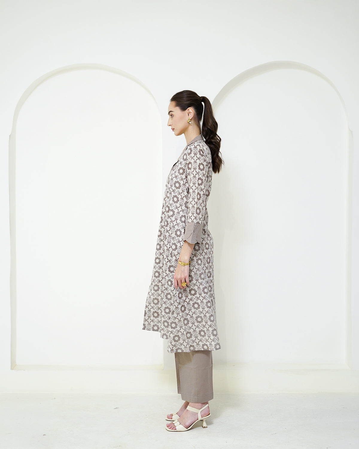 Manini - Beige Abstract Block Print Collared Kurta with Pants Set