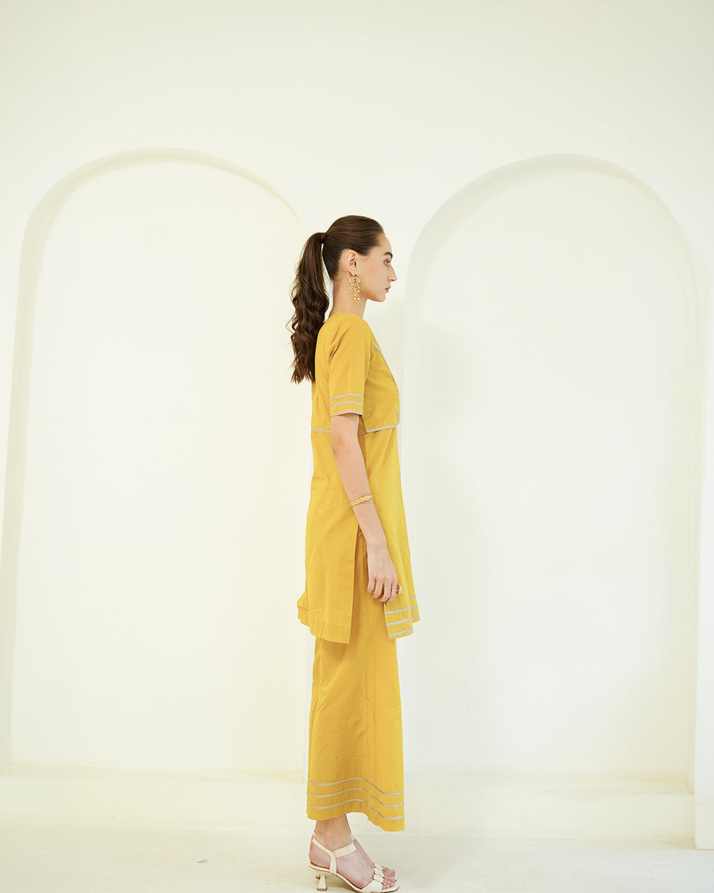 Suvarna - Golden Mustard Jacket-Style Kurta with Flared Palazzo Set
