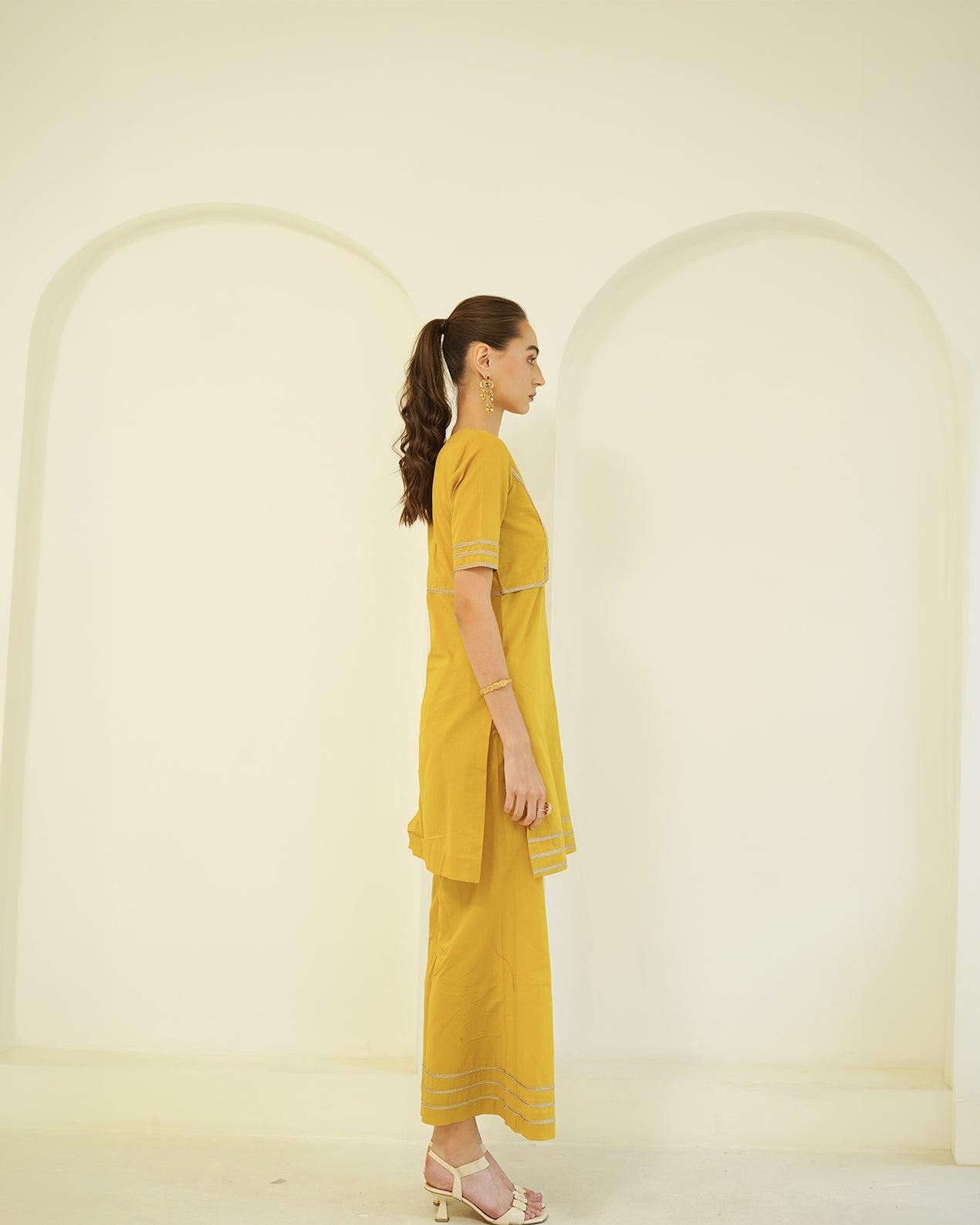 Suvarna - Golden Mustard Jacket-Style Kurta with Flared Palazzo Set