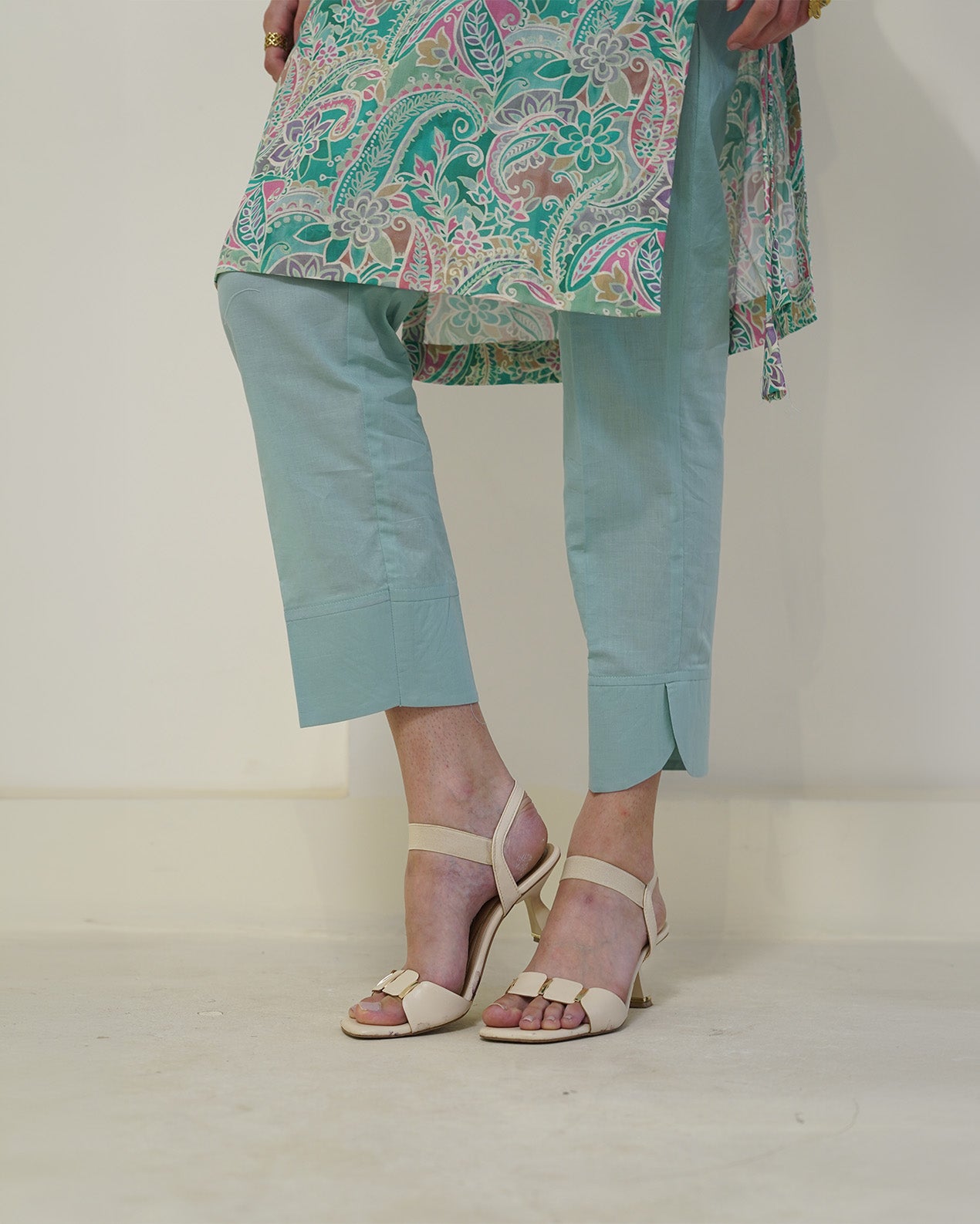 Prabha - Teal Floral Print Lace-Up Kurta with Pants Set