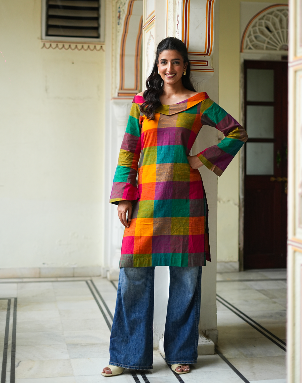 Dayita - Multicolour Checks Handloom Cotton Kurta with Portrait Collar