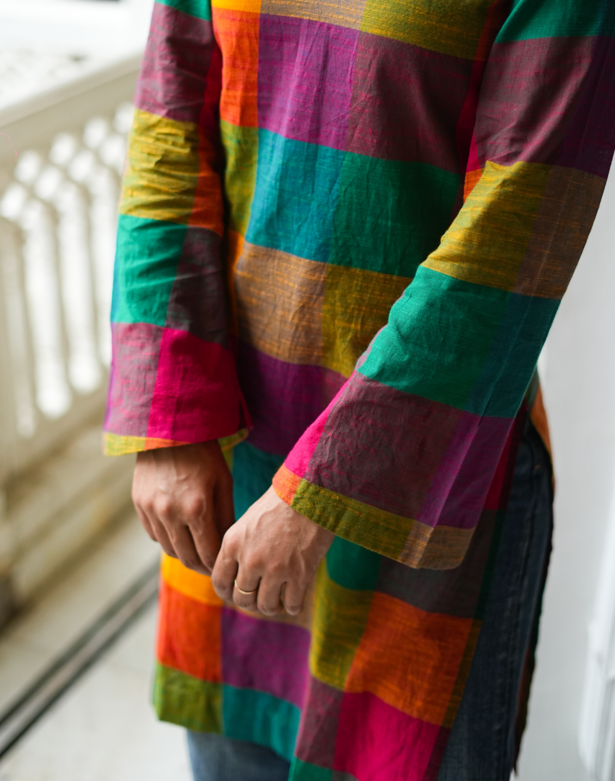 Dayita - Multicolour Checks Handloom Cotton Kurta with Portrait Collar