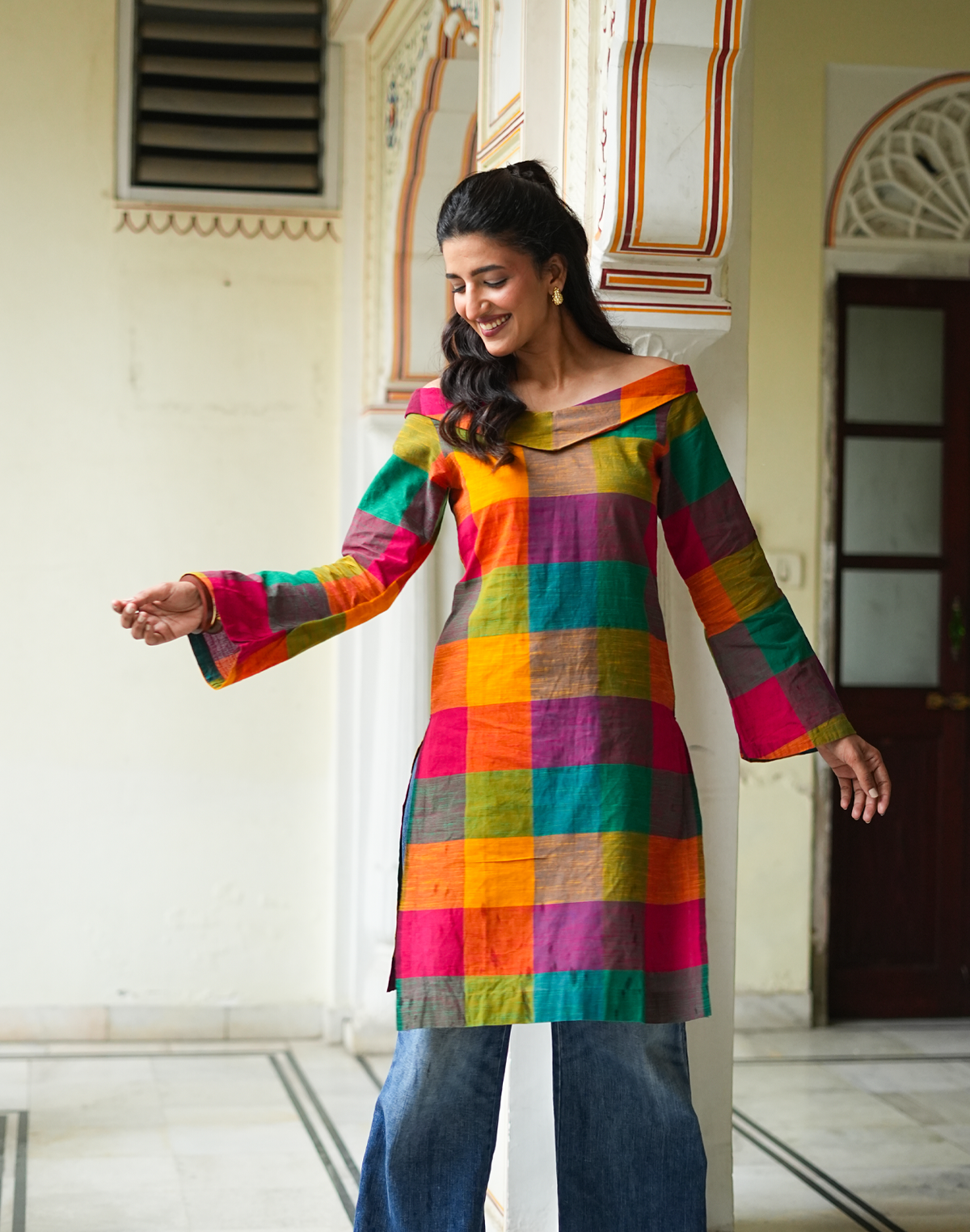 Dayita - Multicolour Checks Handloom Cotton Kurta with Portrait Collar