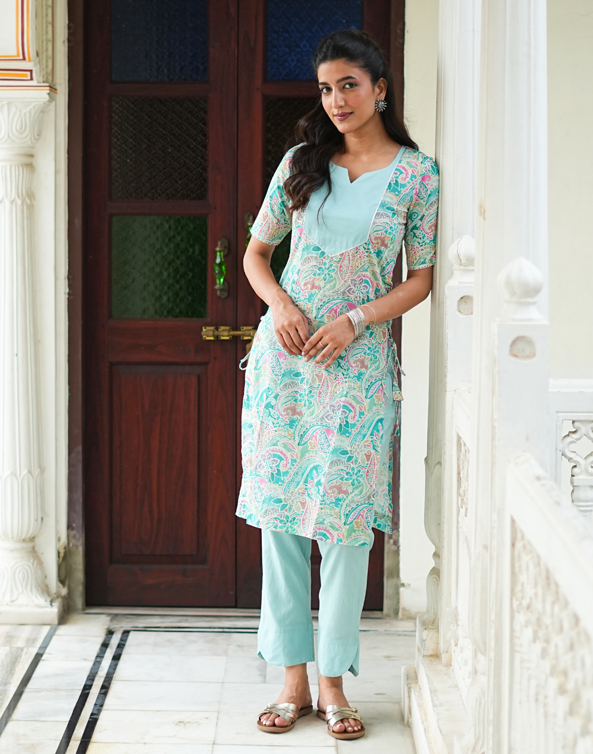 Prabha - Teal Floral Print Lace-Up Kurta with Pants Set