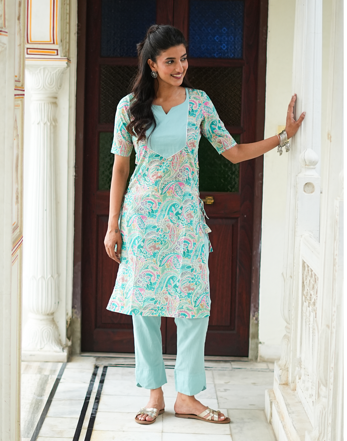 Prabha - Teal Floral Print Lace-Up Kurta with Pants Set