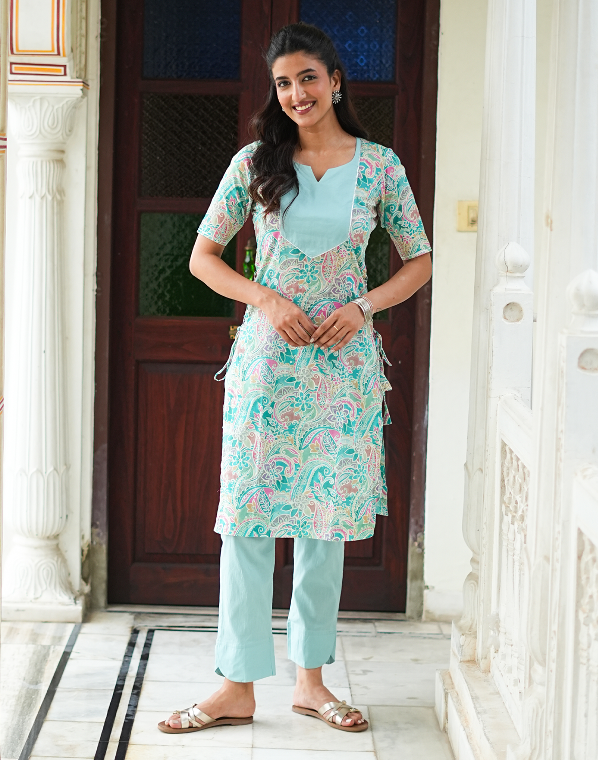 Prabha - Teal Floral Print Lace-Up Kurta with Pants Set