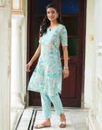 Prabha - Teal Floral Print Lace-Up Kurta with Pants Set