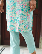 Prabha - Teal Floral Print Lace-Up Kurta with Pants Set