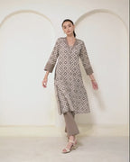 Manini - Beige Abstract Block Print Collared Kurta with Pants Set