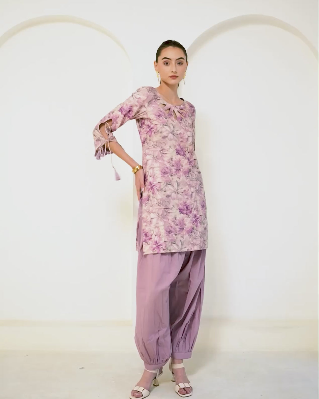 Padma - Mauve Floral Print Short Kurta with Afgani Salwar Set