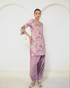 Padma - Mauve Floral Print Short Kurta with Afgani Salwar Set