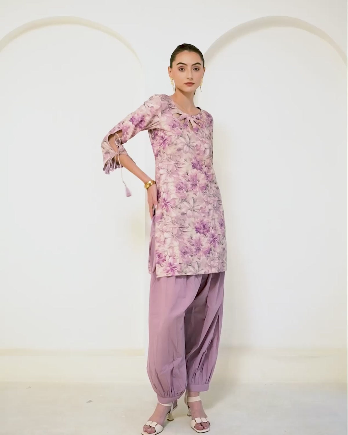 Padma - Mauve Floral Print Short Kurta with Afgani Salwar Set