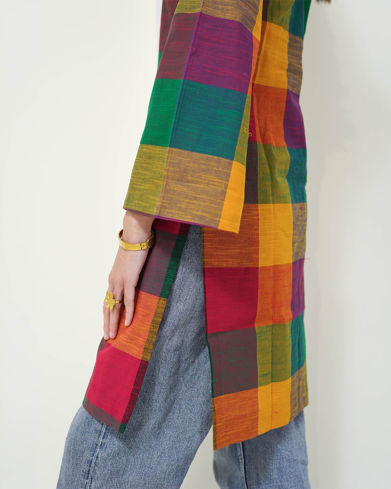 Dayita - Multicolour Checks Handloom Cotton Kurta with Portrait Collar