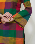 Dayita - Multicolour Checks Handloom Cotton Kurta with Portrait Collar