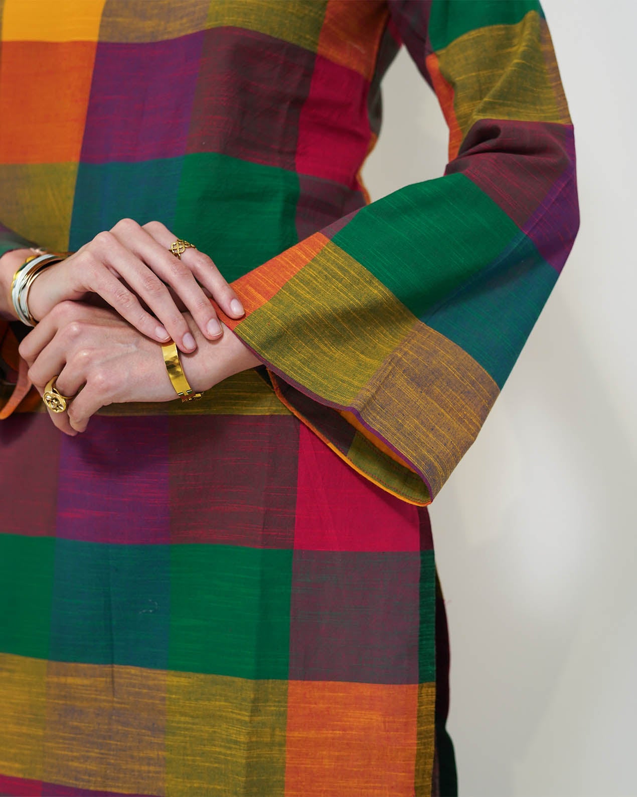 Dayita - Multicolour Checks Handloom Cotton Kurta with Portrait Collar