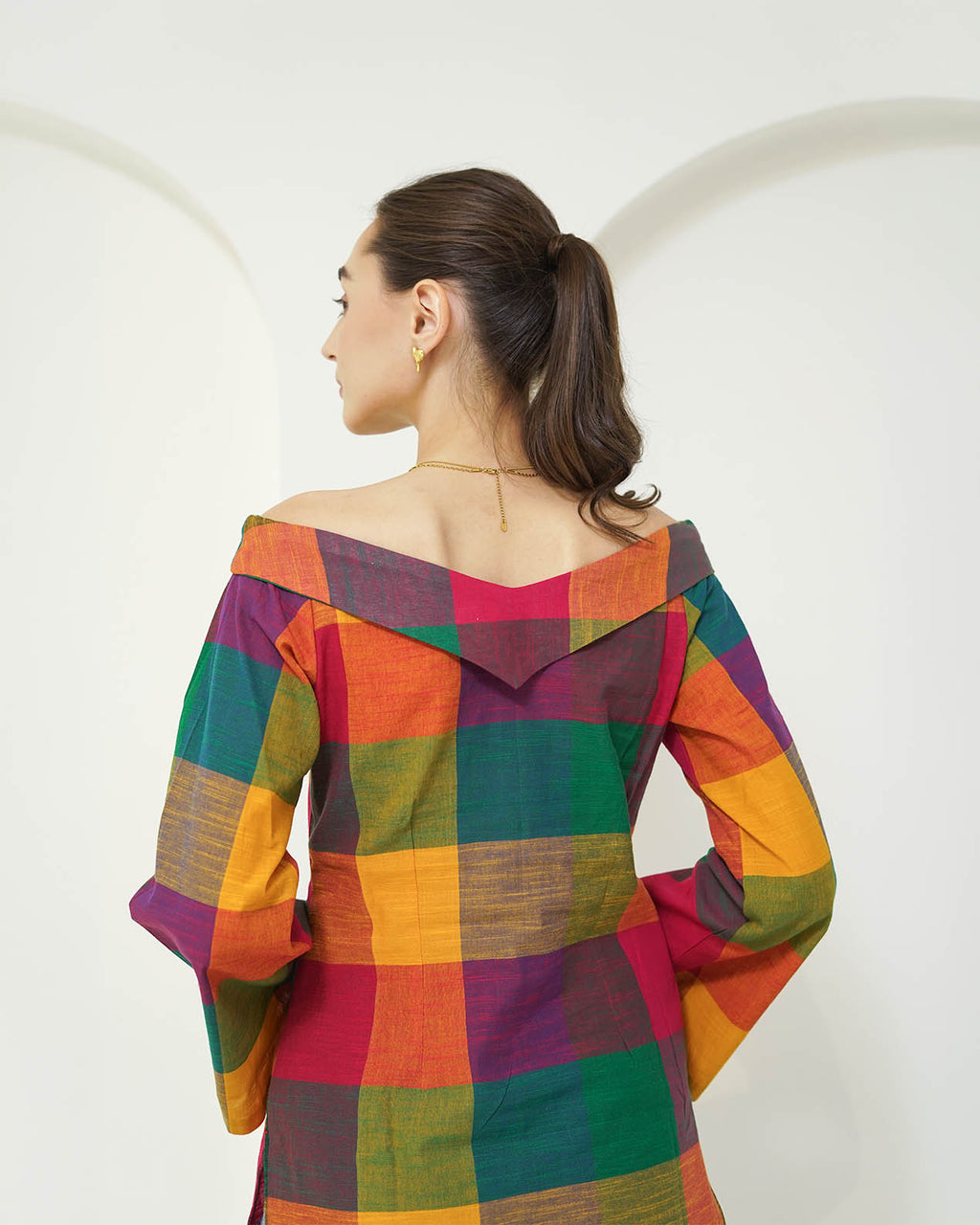 Dayita - Multicolour Checks Handloom Cotton Kurta with Portrait Collar