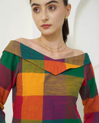 Dayita - Multicolour Checks Handloom Cotton Kurta with Portrait Collar