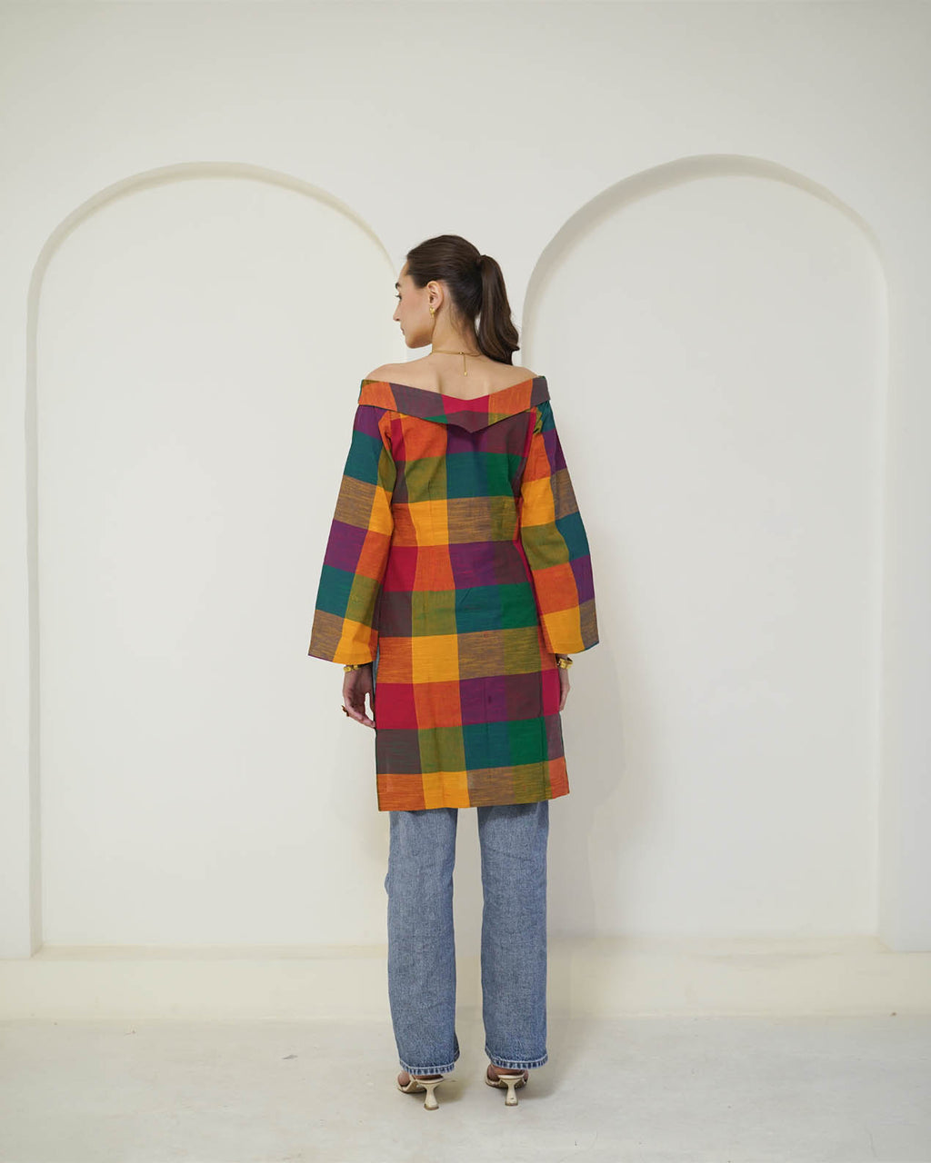 Dayita - Multicolour Checks Handloom Cotton Kurta with Portrait Collar