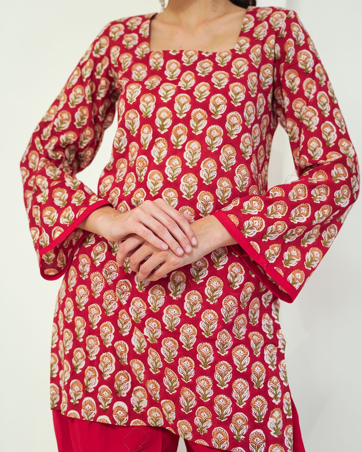 Lalita - Red Floral Block Print Short Kurta with Tulip Pants Set