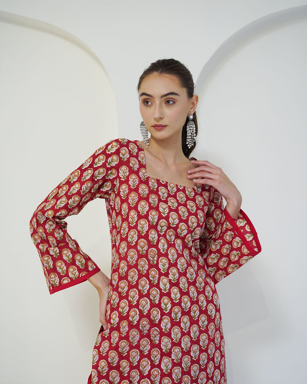 Lalita - Red Floral Block Print Short Kurta with Tulip Pants Set