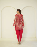 Lalita - Red Floral Block Print Short Kurta with Tulip Pants Set